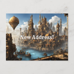 Steampunk City with Balloon New Address Postcard