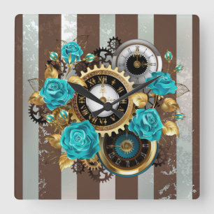 Steampunk Clock and Turquoise Roses on Striped