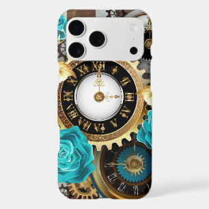 Steampunk Clock and Turquoise Roses on Striped