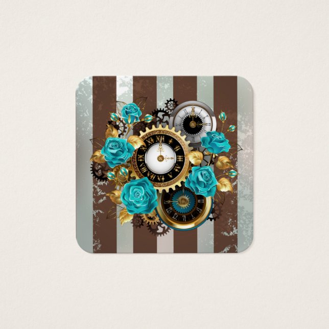 Steampunk Clock and Turquoise Roses on Striped (Front)