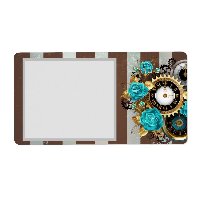 Steampunk Clock and Turquoise Roses on Striped (Front)