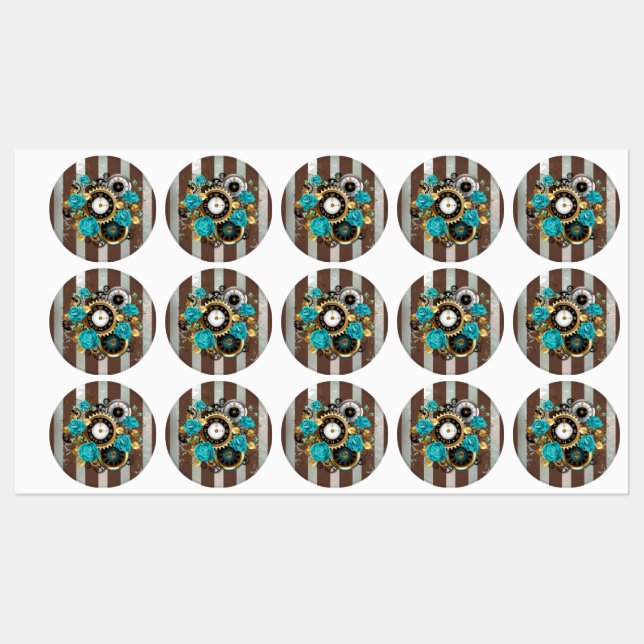 Steampunk Clock and Turquoise Roses on Striped (Sheet)