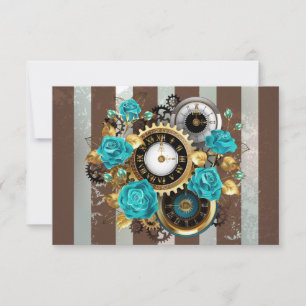 Steampunk Clock and Turquoise Roses on Striped