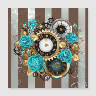 Steampunk Clock and Turquoise Roses on Striped