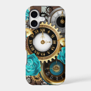 Steampunk Clock and Turquoise Roses on Striped