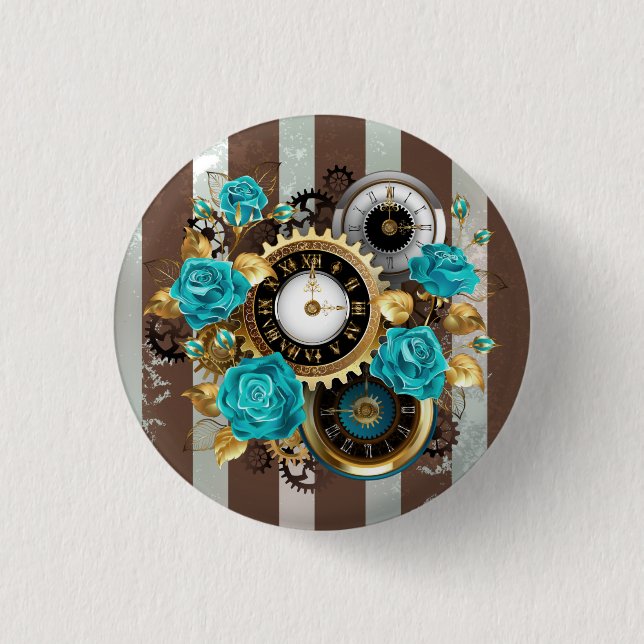 Steampunk Clock and Turquoise Roses on Striped 3 Cm Round Badge (Front)