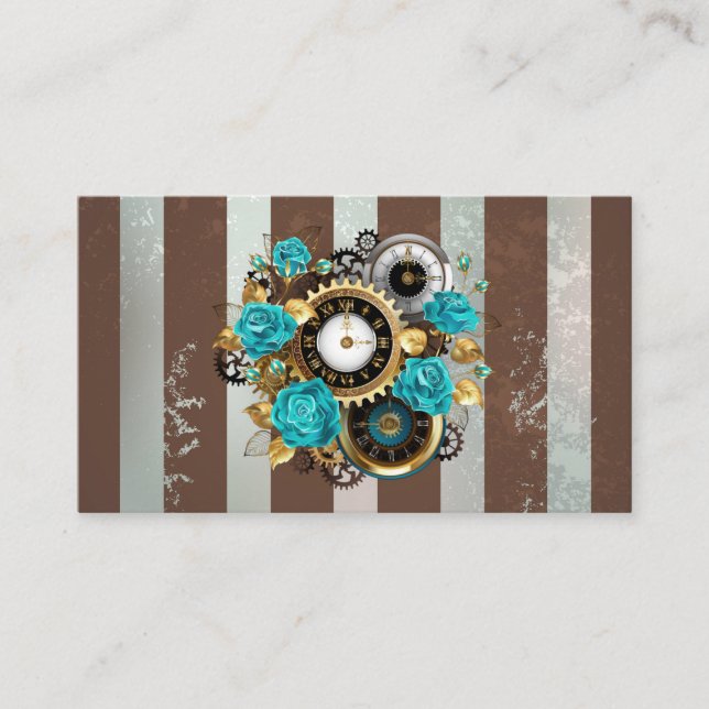 Steampunk Clock and Turquoise Roses on Striped Advice Card (Front)