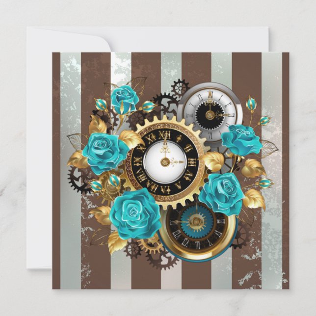 Steampunk Clock and Turquoise Roses on Striped Announcement (Front)