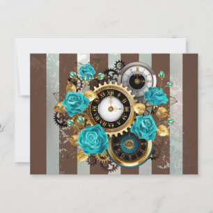 Steampunk Clock and Turquoise Roses on Striped Announcement