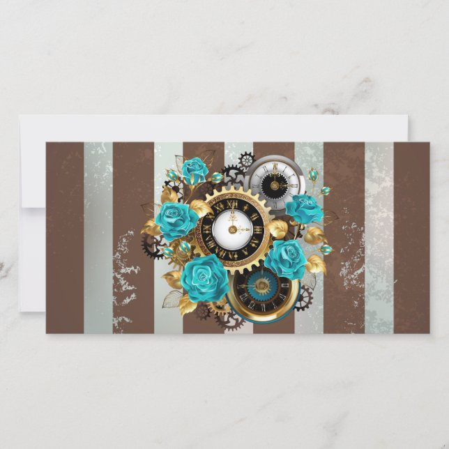 Steampunk Clock and Turquoise Roses on Striped Announcement (Front)