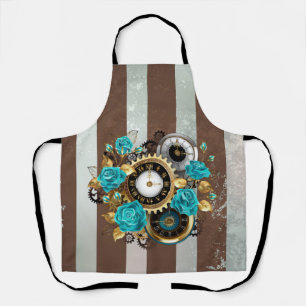 Steampunk Clock and Turquoise Roses on Striped Apron
