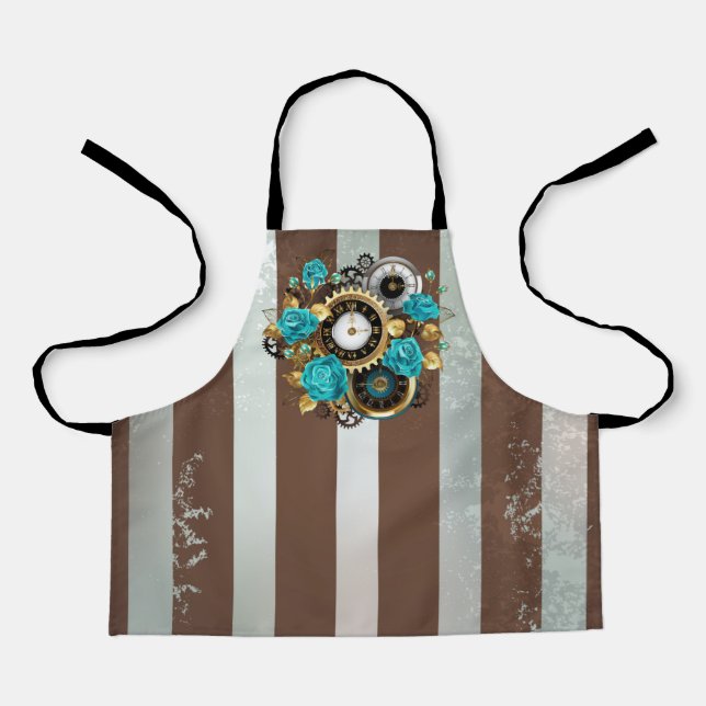 Steampunk Clock and Turquoise Roses on Striped Apron (Front)
