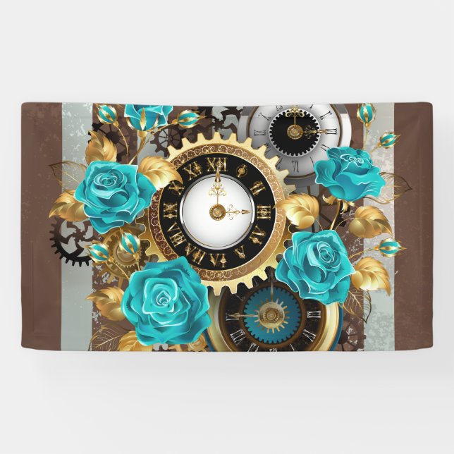 Steampunk Clock and Turquoise Roses on Striped Banner (Horizontal)