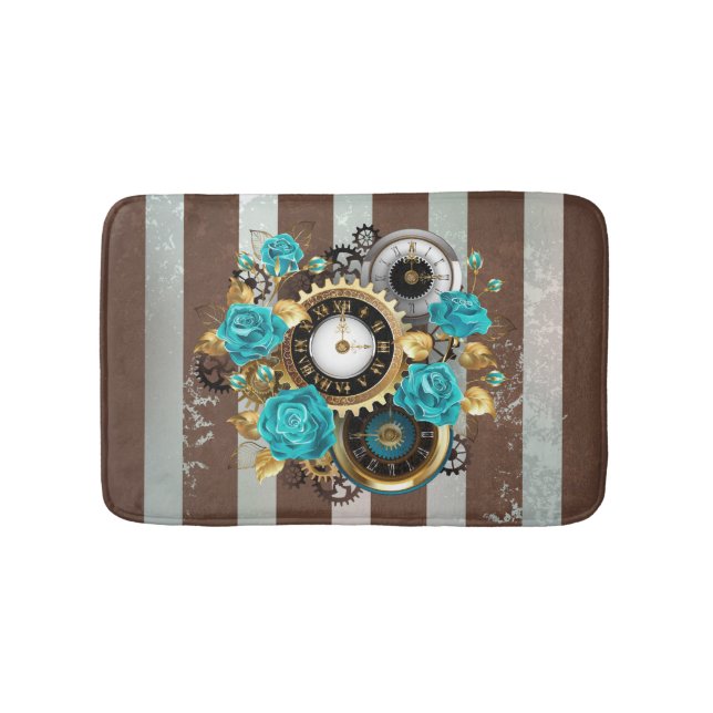 Steampunk Clock and Turquoise Roses on Striped Bath Mat (Front)