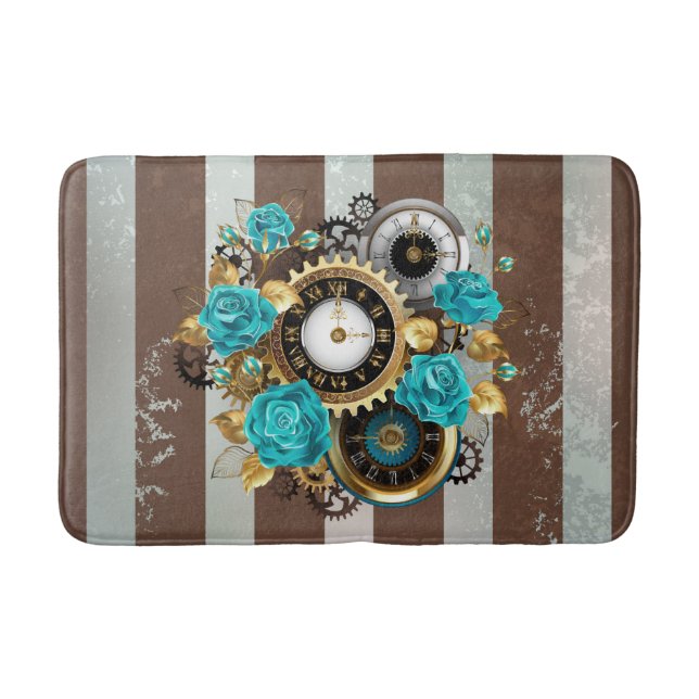 Steampunk Clock and Turquoise Roses on Striped Bath Mat (Front)