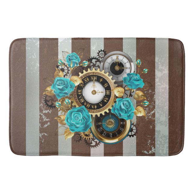 Steampunk Clock and Turquoise Roses on Striped Bath Mat (Front)