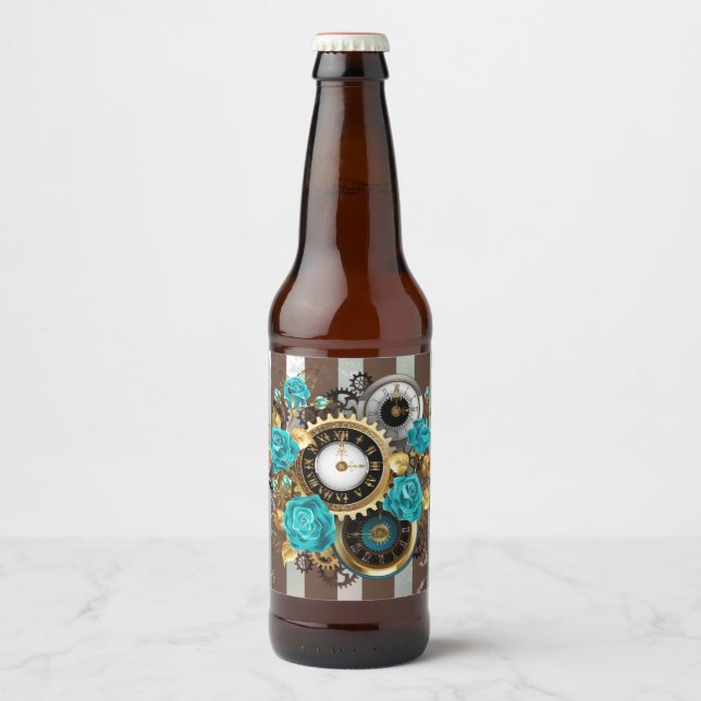 Steampunk Clock and Turquoise Roses on Striped Beer Bottle Label (Front)