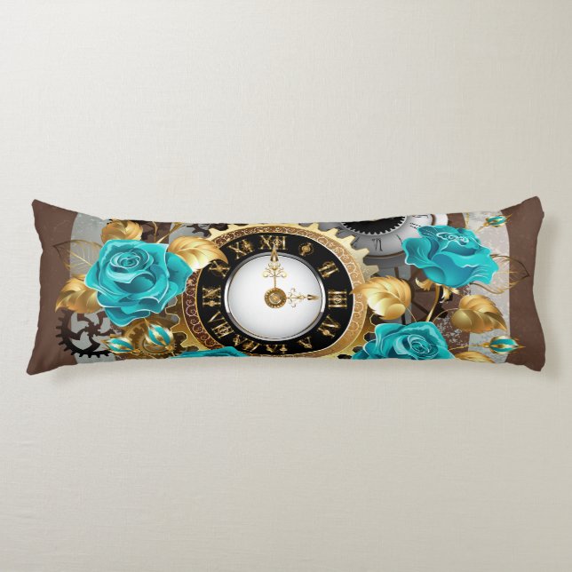 Steampunk Clock and Turquoise Roses on Striped Body Cushion (Front)