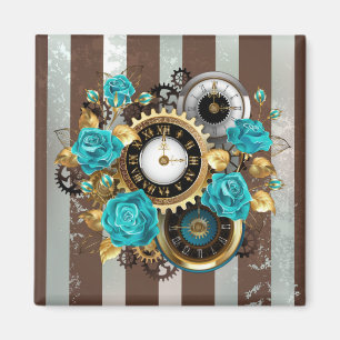 Steampunk Clock and Turquoise Roses on Striped Bus Magnet