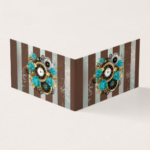 Steampunk Clock and Turquoise Roses on Striped Business Card