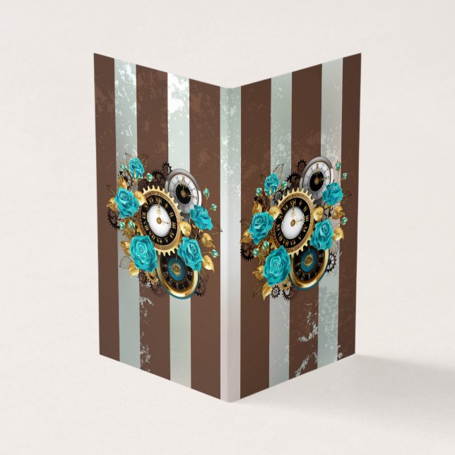 Steampunk Clock and Turquoise Roses on Striped Business Card (Outside)