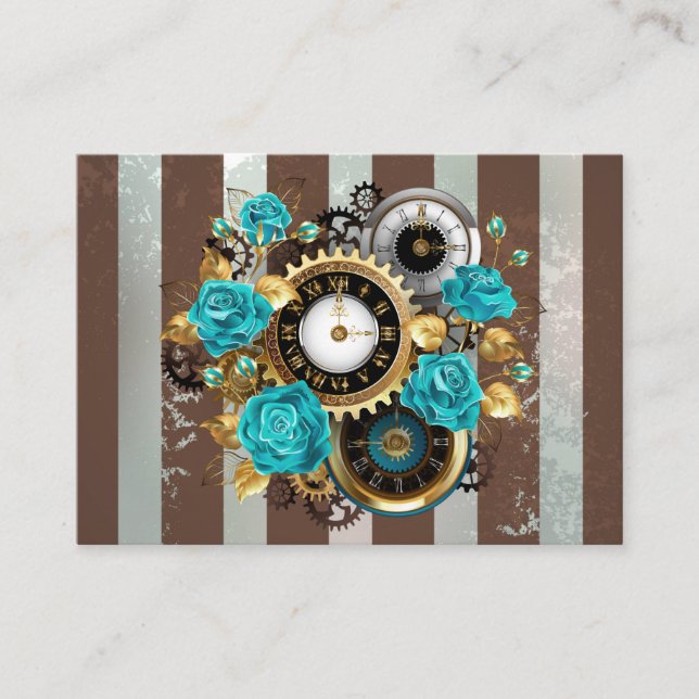 Steampunk Clock and Turquoise Roses on Striped Business Card (Front)