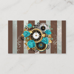 Steampunk Clock and Turquoise Roses on Striped Business Card