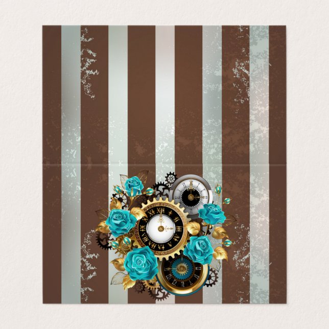 Steampunk Clock and Turquoise Roses on Striped Business Card (Outside Unfolded)