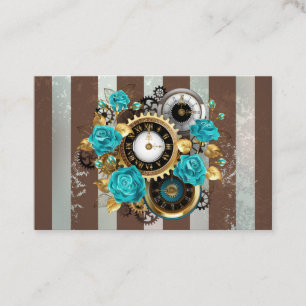 Steampunk Clock and Turquoise Roses on Striped Business Card