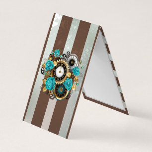 Steampunk Clock and Turquoise Roses on Striped Business Card