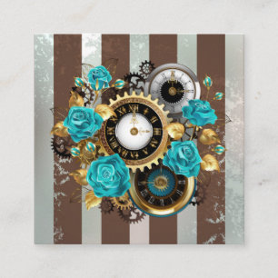 Steampunk Clock and Turquoise Roses on Striped Calling Card