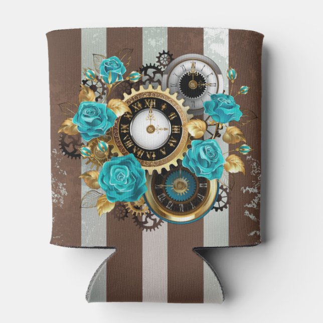Steampunk Clock and Turquoise Roses on Striped Can Cooler (Back)