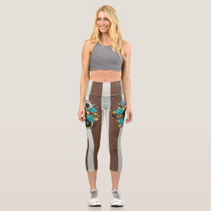 Steampunk Clock and Turquoise Roses on Striped Capri Leggings