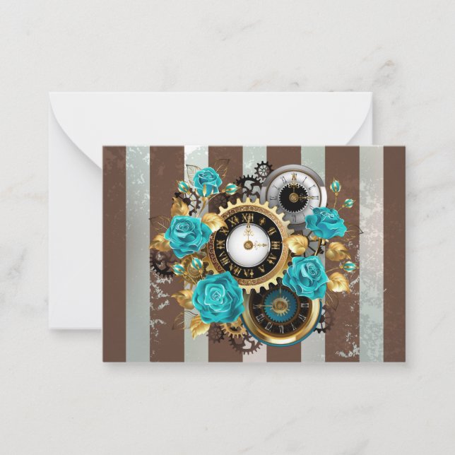 Steampunk Clock and Turquoise Roses on Striped Card (Front)