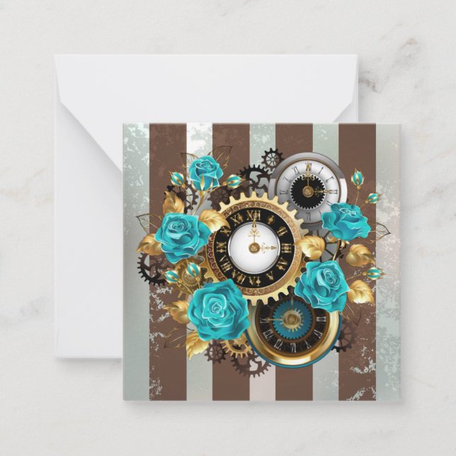 Steampunk Clock and Turquoise Roses on Striped Card (Front)
