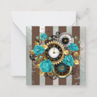 Steampunk Clock and Turquoise Roses on Striped