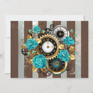 Steampunk Clock and Turquoise Roses on Striped Card