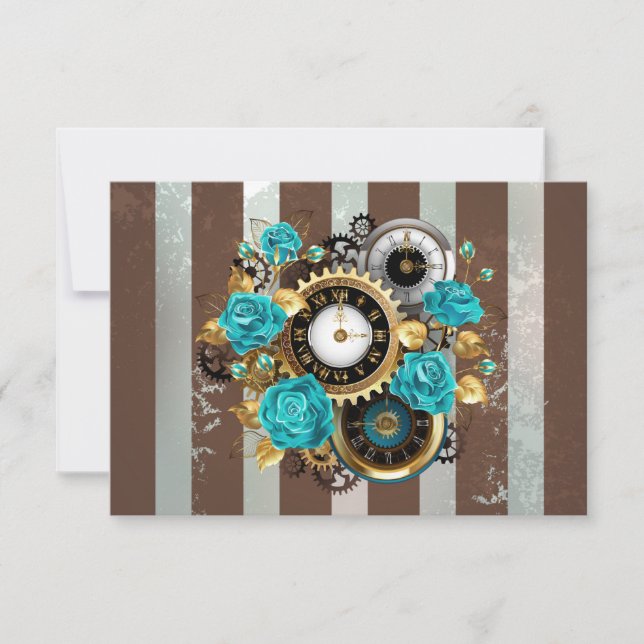 Steampunk Clock and Turquoise Roses on Striped Card (Front)
