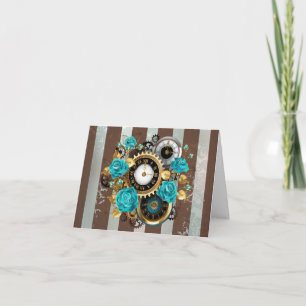 Steampunk Clock and Turquoise Roses on Striped Card