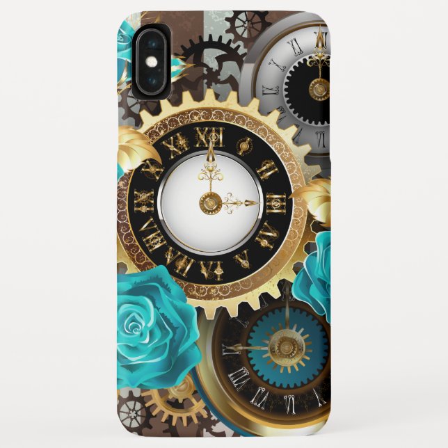 Steampunk Clock and Turquoise Roses on Striped Case-Mate iPhone Case (Back)