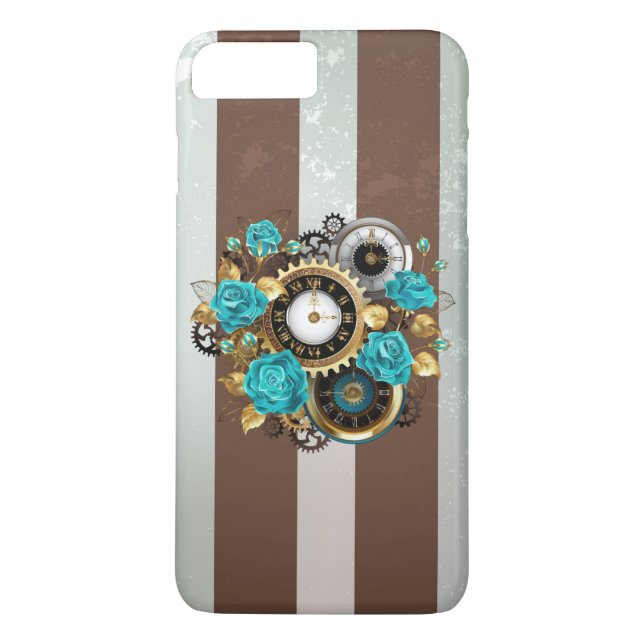 Steampunk Clock and Turquoise Roses on Striped Case-Mate iPhone Case (Back)