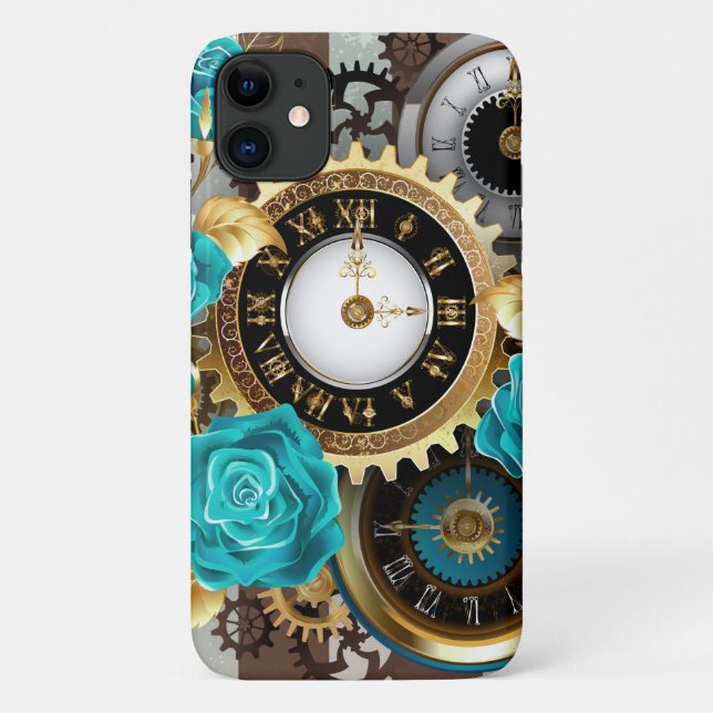 Steampunk Clock and Turquoise Roses on Striped Case-Mate iPhone Case (Back)