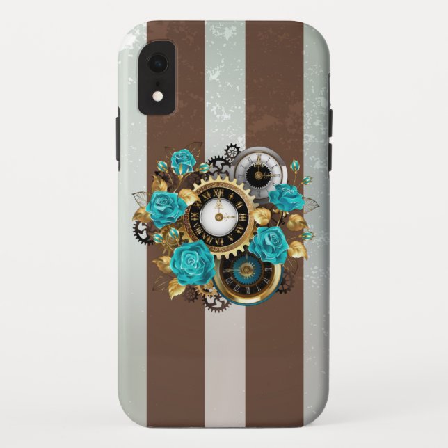 Steampunk Clock and Turquoise Roses on Striped Case-Mate iPhone Case (Back)