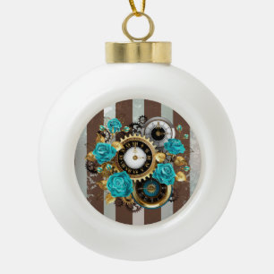 Steampunk Clock and Turquoise Roses on Striped Ceramic Ball Christmas Ornament