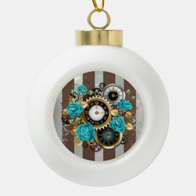 Steampunk Clock and Turquoise Roses on Striped Ceramic Ball Christmas Ornament (Front)