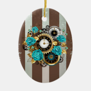 Steampunk Clock and Turquoise Roses on Striped Ceramic Ornament