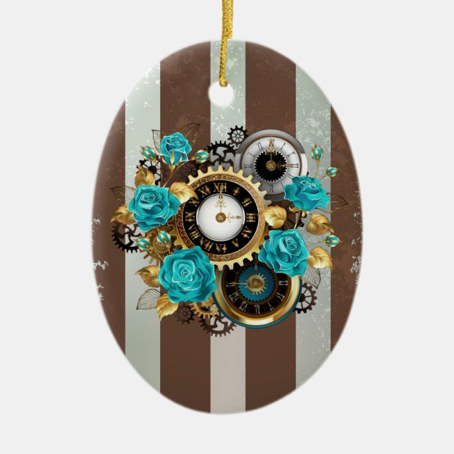 Steampunk Clock and Turquoise Roses on Striped Ceramic Ornament (Front)
