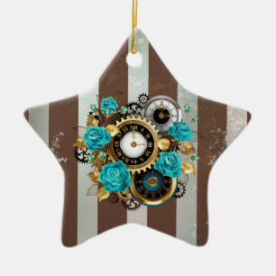 Steampunk Clock and Turquoise Roses on Striped Ceramic Ornament