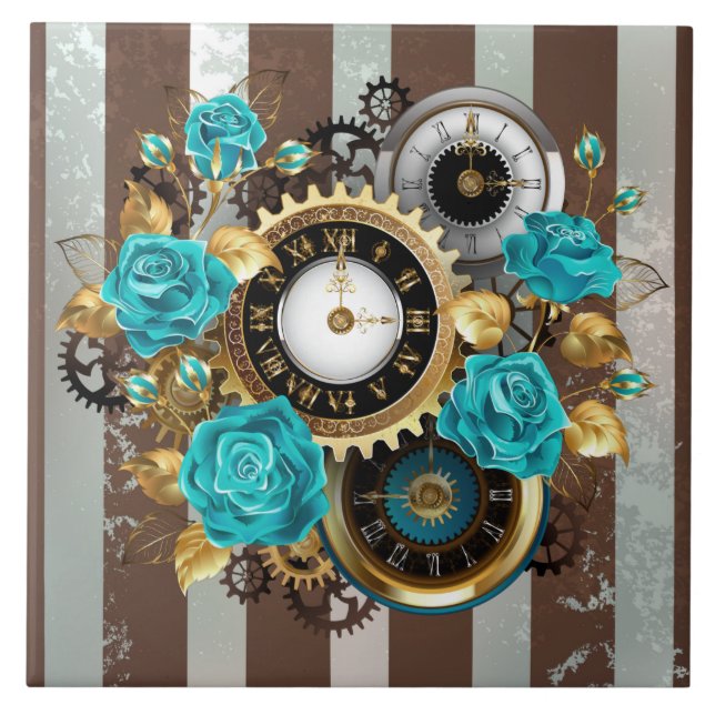 Steampunk Clock and Turquoise Roses on Striped Ceramic Tile (Front)