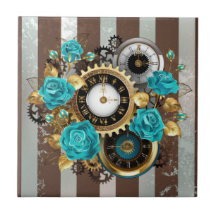 Steampunk Clock and Turquoise Roses on Striped Ceramic Tile